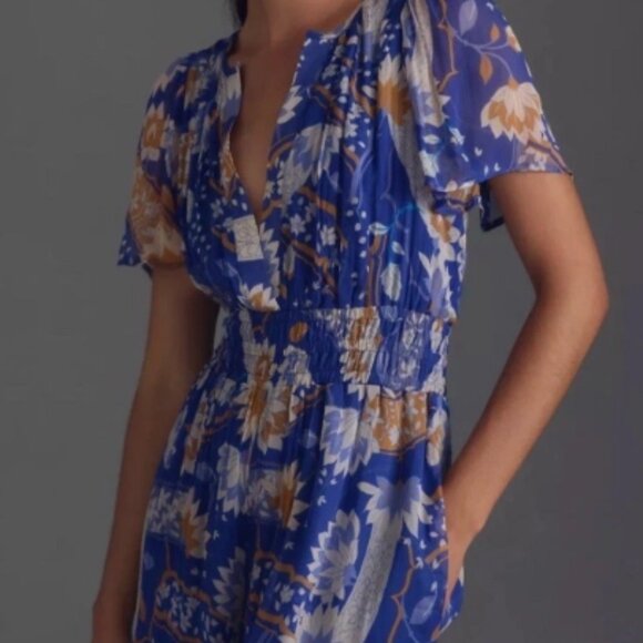 Anthropologie Somerset Jumpsuit Chiffon Edition Floral Blue Motif - LONG - Picture 2 of 5